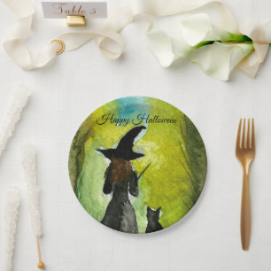 Halloween Witch Black Cat Woman Spells Paper Plates