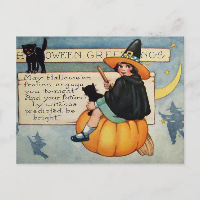 Halloween witch black cats Vintage postcard | Zazzle