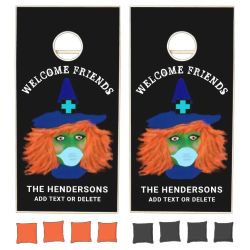 Halloween Witch Black Orange Family Monogram Name Cornhole Set