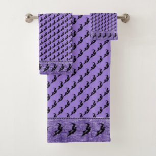 Halloween Witch Black Silhouette Pattern on Purple Bath Towel Set