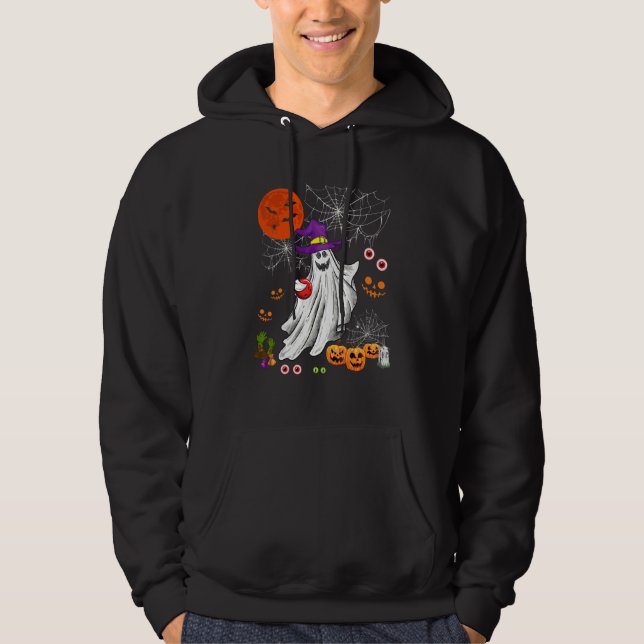 Halloween Witch Boo Ghost Playing Bowling Player Hoodie (Front)