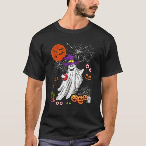 Halloween Witch Boo Ghost Playing Bowling Player T_Shirt