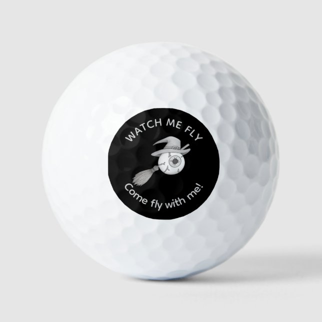 Halloween witch broom and scary eyeball golf balls (Front)