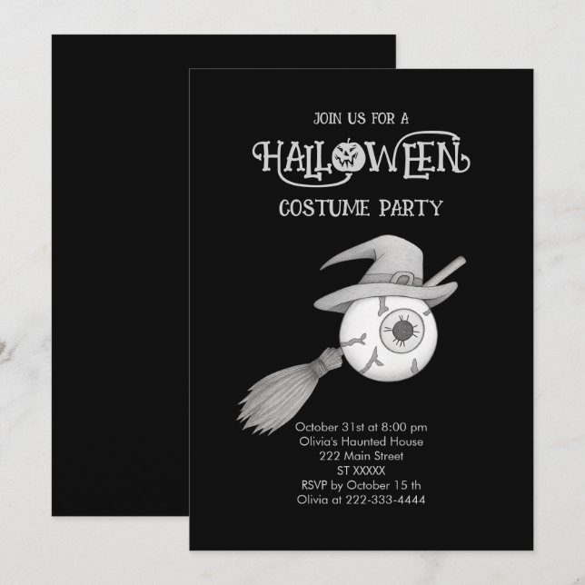 Halloween witch broom and scary eyeball invitation (Front/Back)