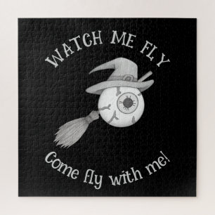 Halloween witch broom and scary eyeball jigsaw puzzle