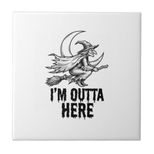 Halloween Witch Broom Funny Vintage Engraving Desi Ceramic Tile