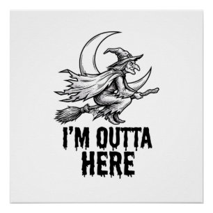 Halloween Witch Broom Funny Vintage Engraving Desi Poster