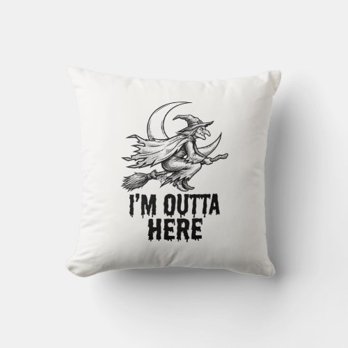 Halloween Witch Broom Funny Vintage Engraving Desi Throw Pillow