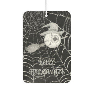 Halloween witch broom, scary eyeball, spider web air freshener