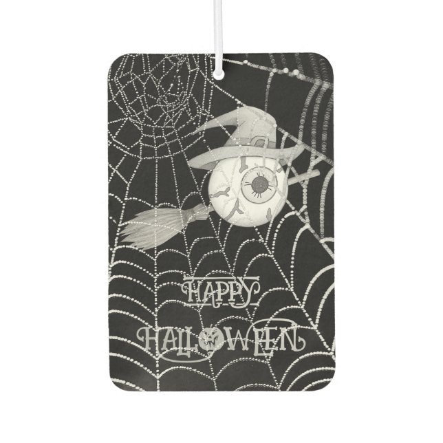 Halloween witch broom, scary eyeball, spider web air freshener (Front)