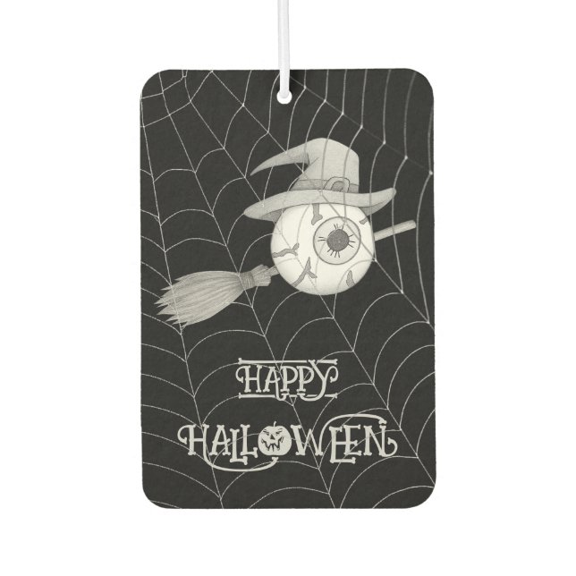 Halloween witch broom, scary eyeball, spider web air freshener (Front)