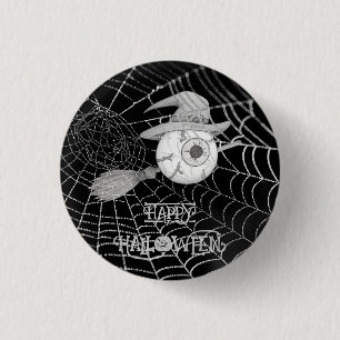 Halloween witch broom, scary eyeball, spider web button