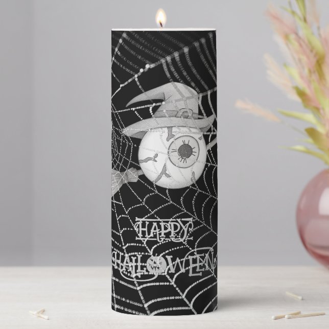 Halloween witch broom, scary eyeball, spider web pillar candle (In Situ)