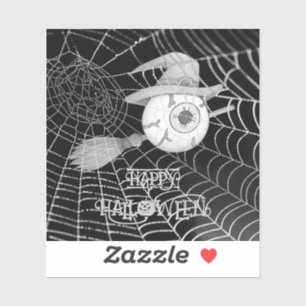 Halloween witch broom, scary eyeball, spider web sticker