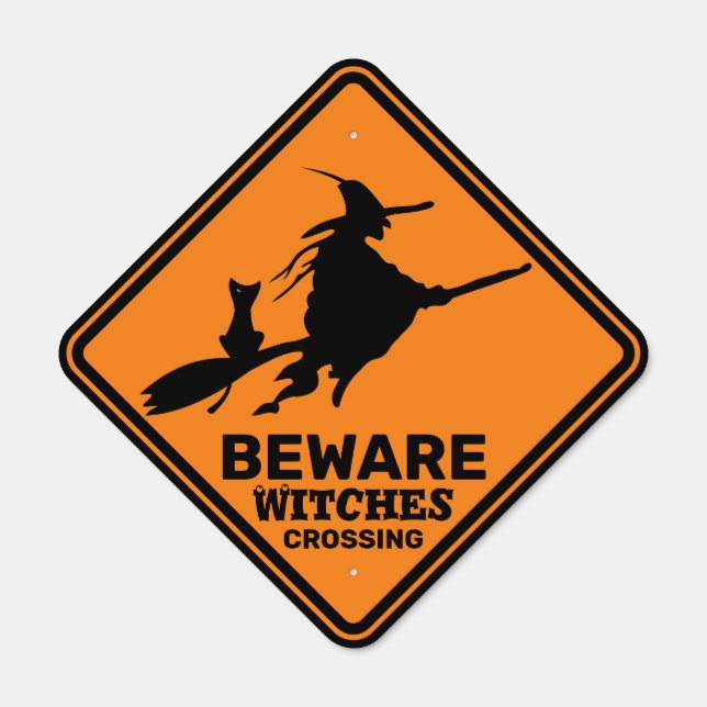Halloween Witch Broomstick Black Cat Flying Beware Metal Sign (Front)