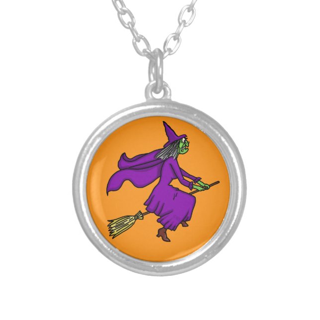 Halloween Witch Cartoon Silver Plated Necklace (Front)
