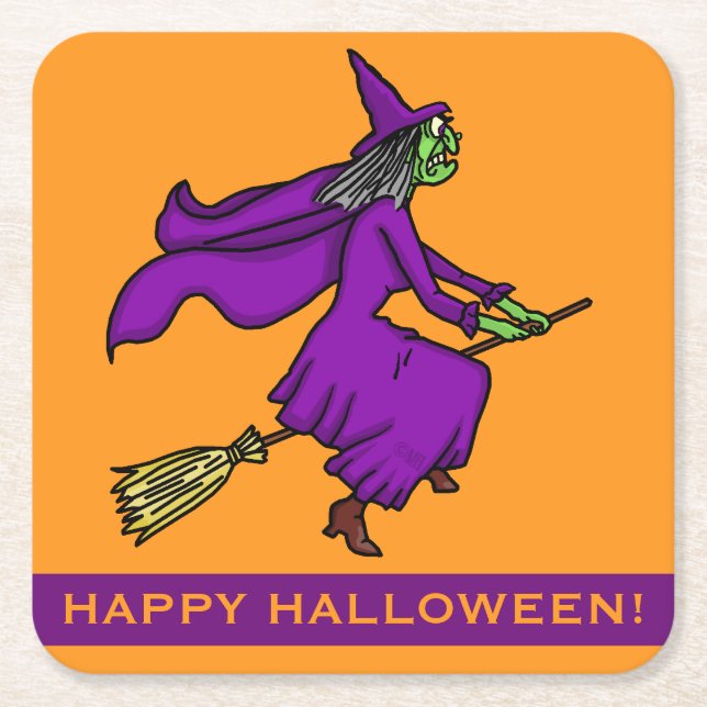 Halloween Witch Cartoon Square Paper Coaster (Front)