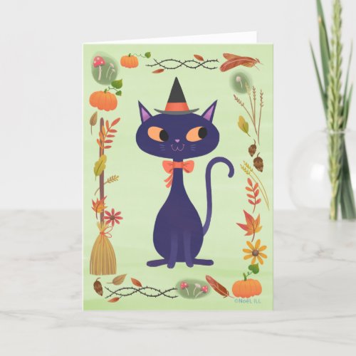 Halloween Witch Cat and Broom Card