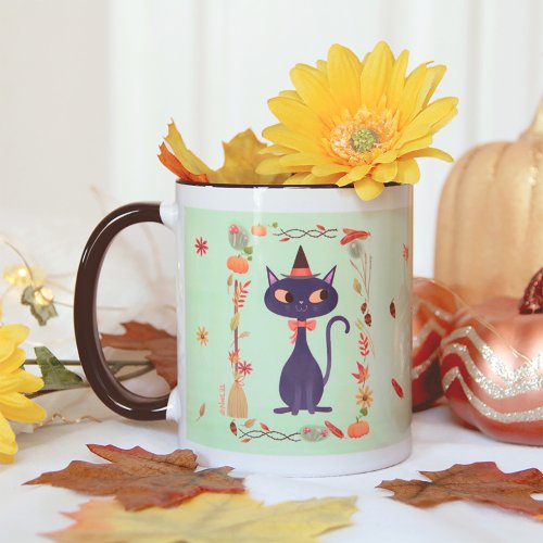 Halloween Witch Cat and Broom Mug