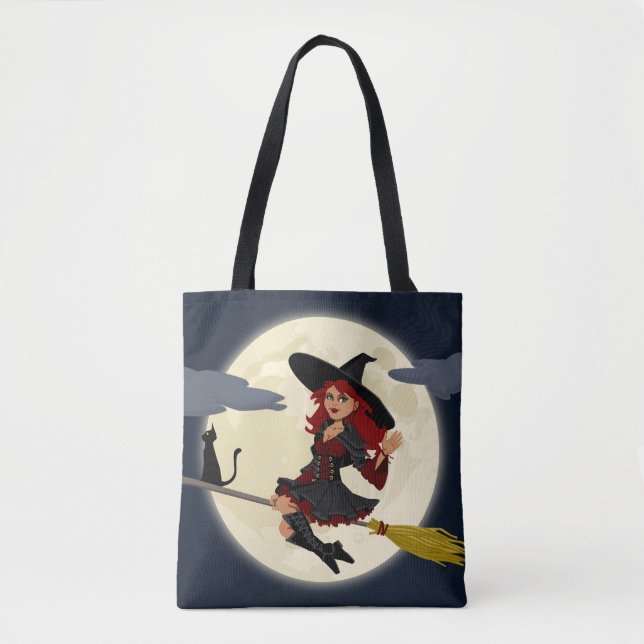 Halloween Witch, Cat and Moon Tote Bag (Front)