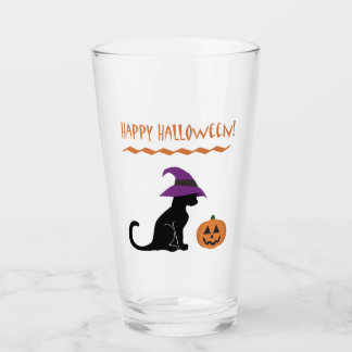 Halloween Witch Cat and Pumpkin Glass