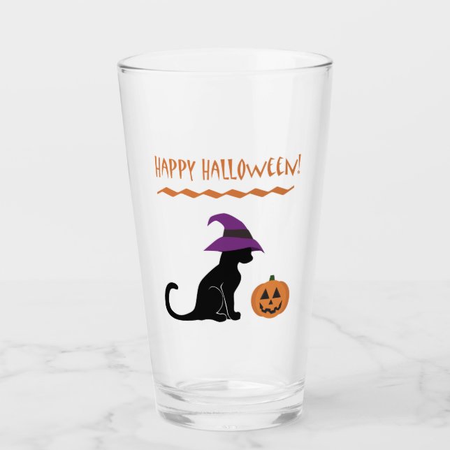 Halloween Witch Cat and Pumpkin Glass (Front)