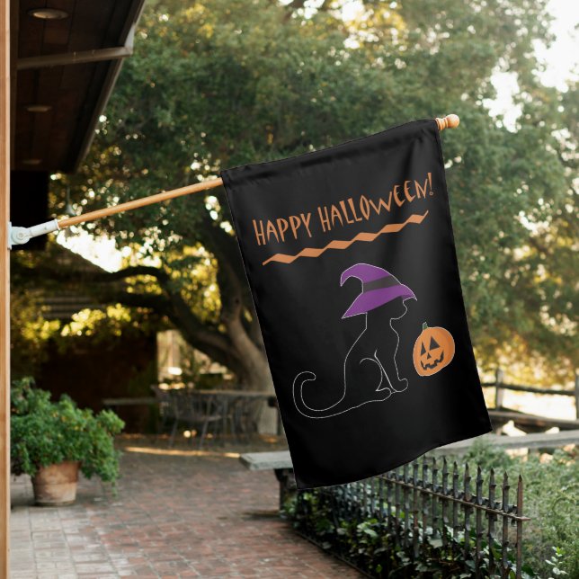 Halloween Witch Cat and Pumpkin House Flag (In SItu)