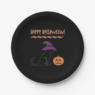 Halloween Witch Cat and Pumpkin Paper Plates