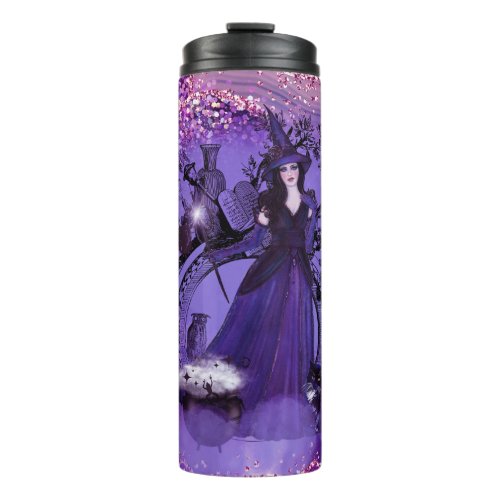 Halloween witch cat art by Renee Lavoie Thermal Tumbler