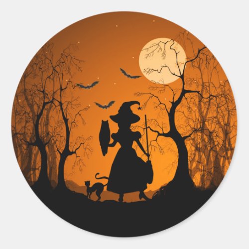 Halloween Witch Cat Bats and Moon Classic Round Sticker