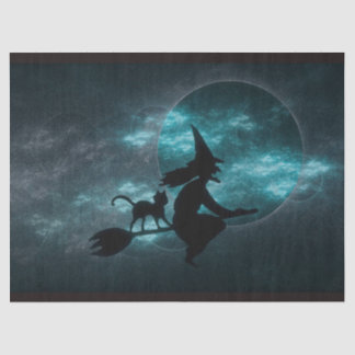 Halloween Witch Cat Broom Moon Clouds Tissue Paper