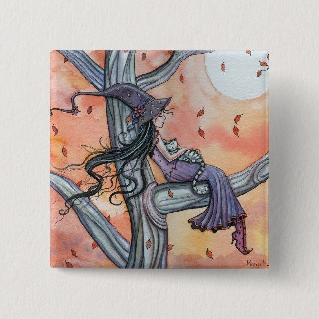Halloween Witch Cat Button Pin (Front)