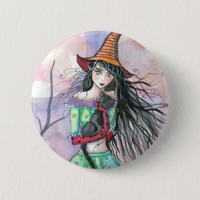 Halloween Witch Cat Button Pin (Front)