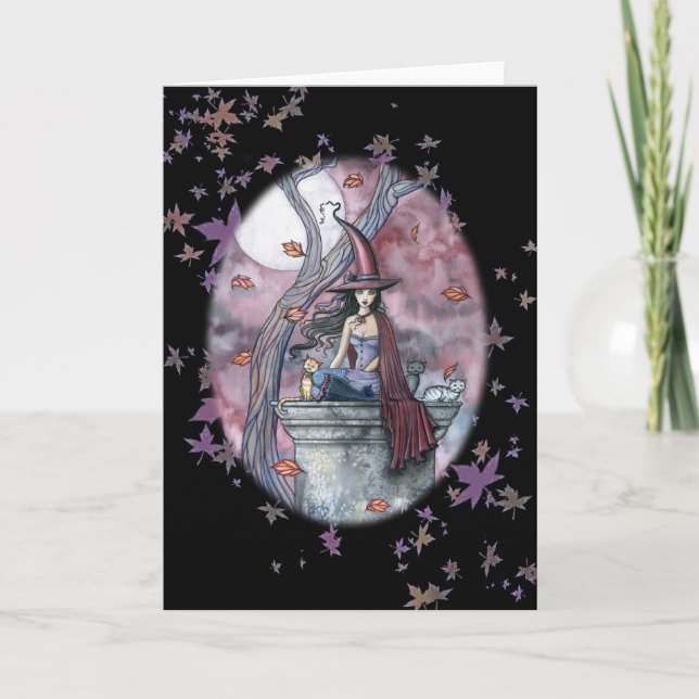 Halloween Witch Cat Card Autumn Leaves (Front)