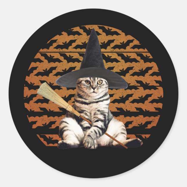 Halloween Witch Cat Classic Round Sticker (Front)