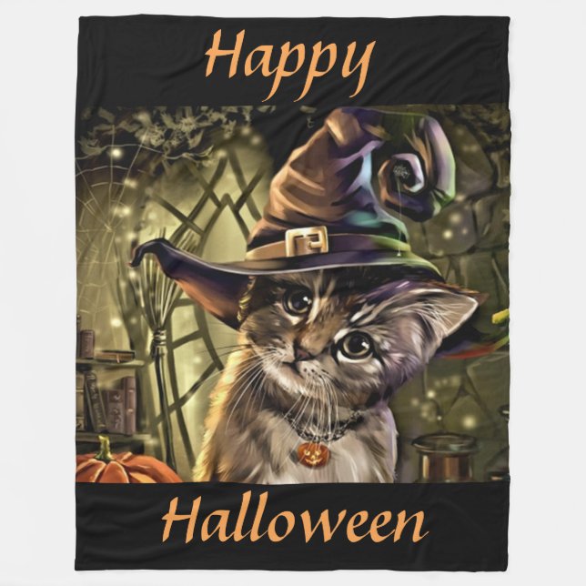 Halloween Witch Cat Fleece Blanket (Front)