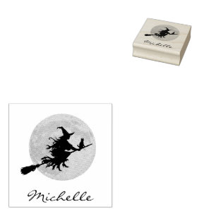 Halloween Witch Cat Flying Across a Full Moon Rubber Stamp