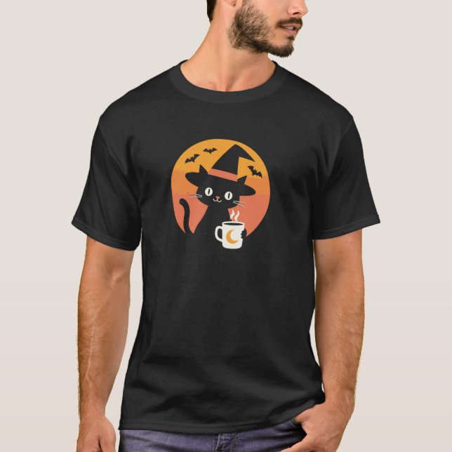 Halloween Witch Cat Holding Moon Mug with Flying B T-Shirt (Front)
