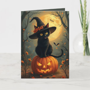 Halloween Witch Cat On A Pumpkin Card