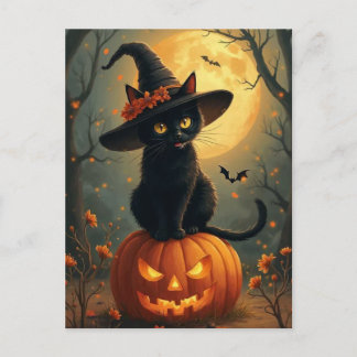 Halloween Witch Cat On A Pumpkin Holiday Postcard