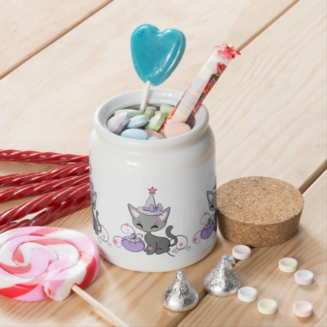 Halloween Witch Cat Purple Candy Jar (In Situ)