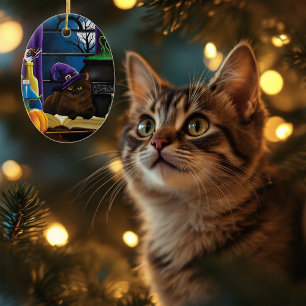 Halloween Witch Cat Purple Magic Ceramic Ornament