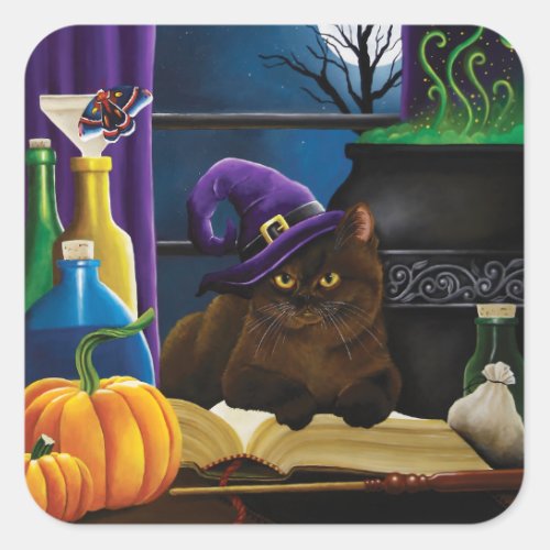 Halloween Witch Cat Purple Magic Square Sticker