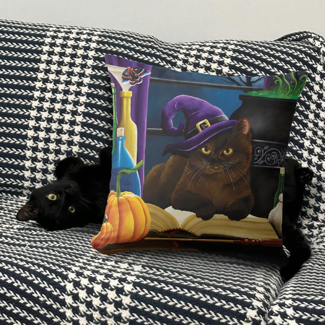 Halloween Witch Cat Purple Magic Throw Pillow (Creator Uploaded)