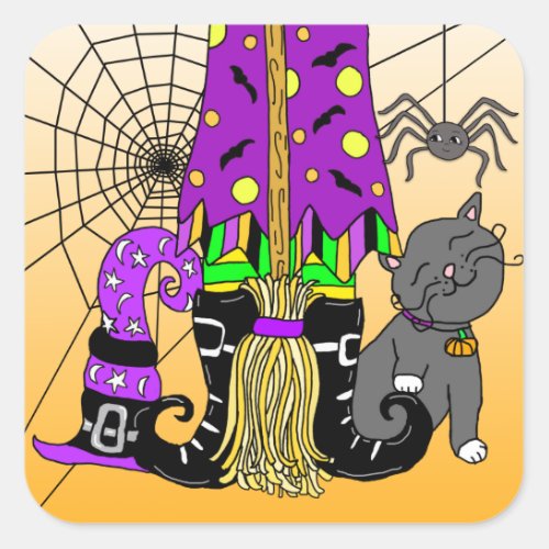 Halloween Witch Cat Spider and Broomstick Square Sticker