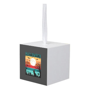 Halloween Witch Cat Spider Web Moon Graveyard_1_1 Cube Ornament
