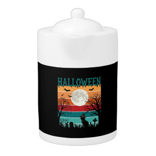 Halloween Witch Cat Spider Web Moon Graveyard_1_1 Teapot