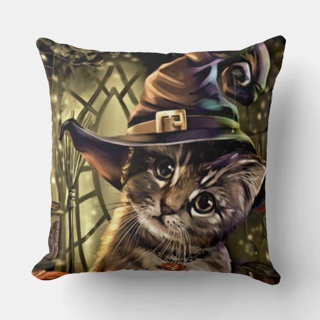 Halloween Witch Cat Throw Pillow (Front)