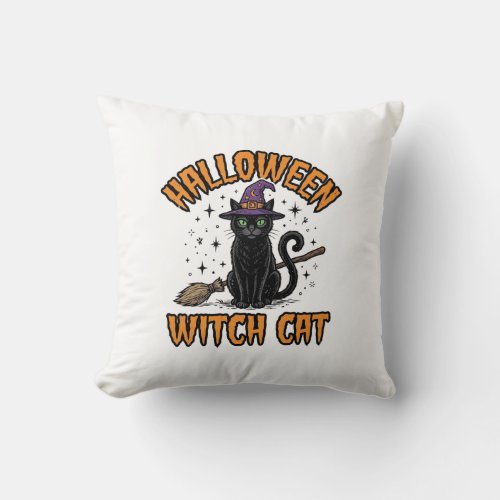 Halloween Witch Cat Vintage Engraving Design_1 Throw Pillow