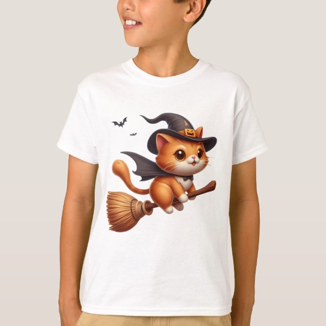 Halloween Witch Cats Riding Broomstick Bats T-Shirt (Front)